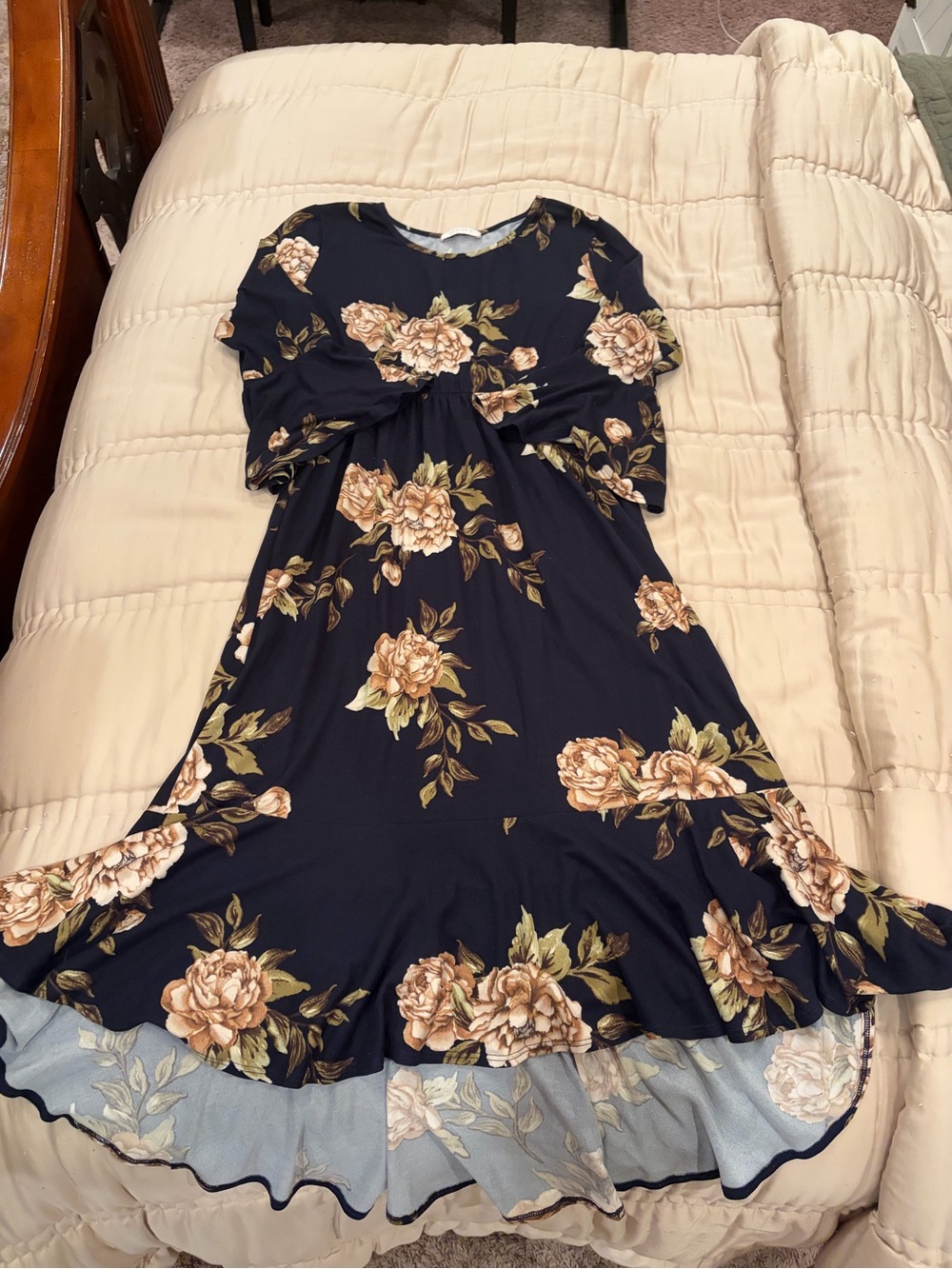 Reborn J Navy Floral High-Low Dress with Peach Roses